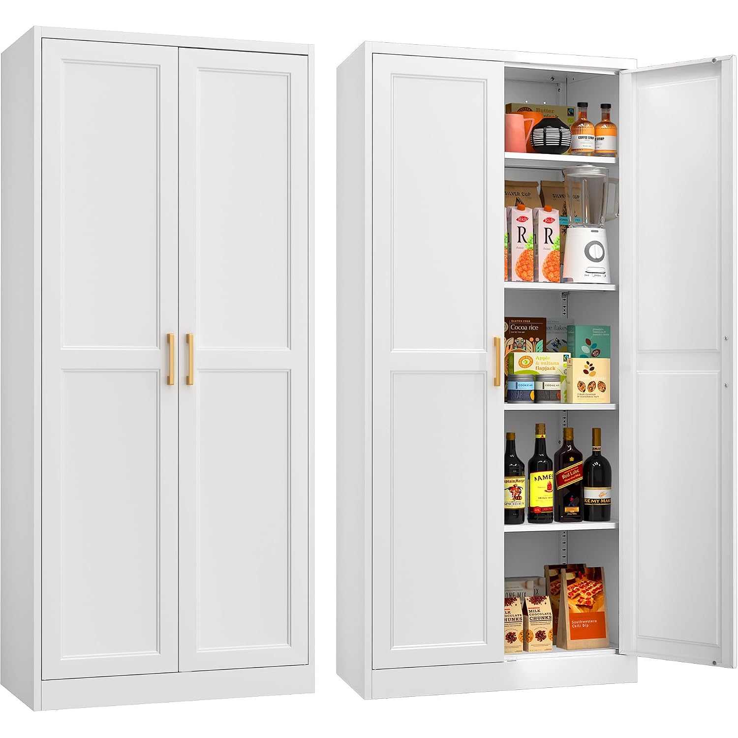 71" Tall Metal Storage Cabinet, Kitchen Pantry Storage Cabinets With Doors And 4 Shelves, White Pantry Cabinet, Utility Kitchen Cupboard, Large Steel Cabinets For Dining, Office, Living Room