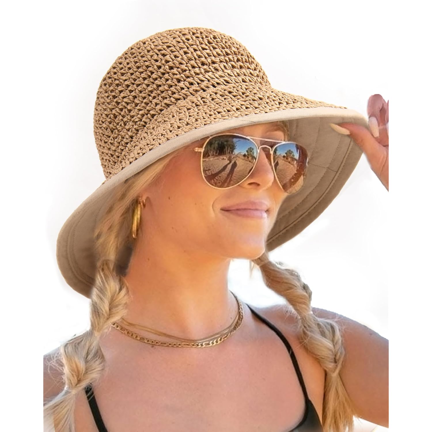 FURTALK Summer Straw Beach Sun Hats for Women UPF 50 Floppy Wide Brim Travel Bucket Hat Foldable Packable