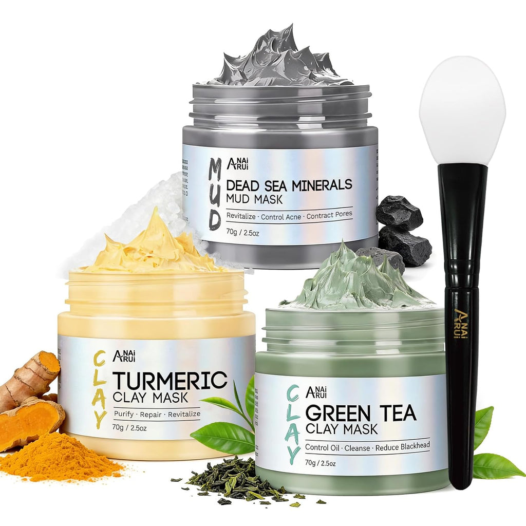 Anai Rui 3 Pcs Face Mask Set - Turmeric Clay Mask - Green Tea Face Mask - Dead Sea Mud Mask For Oily Skin, Blackheads & Pores -Spa Gift Set Self Care For Women Teens 2.5 Oz Each
