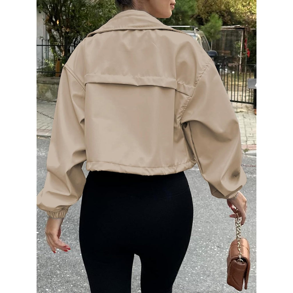 Tankaneo Womens Cropped Jacket Zip Up Lightweight Oversized Utility Anorak Coat With Pockets