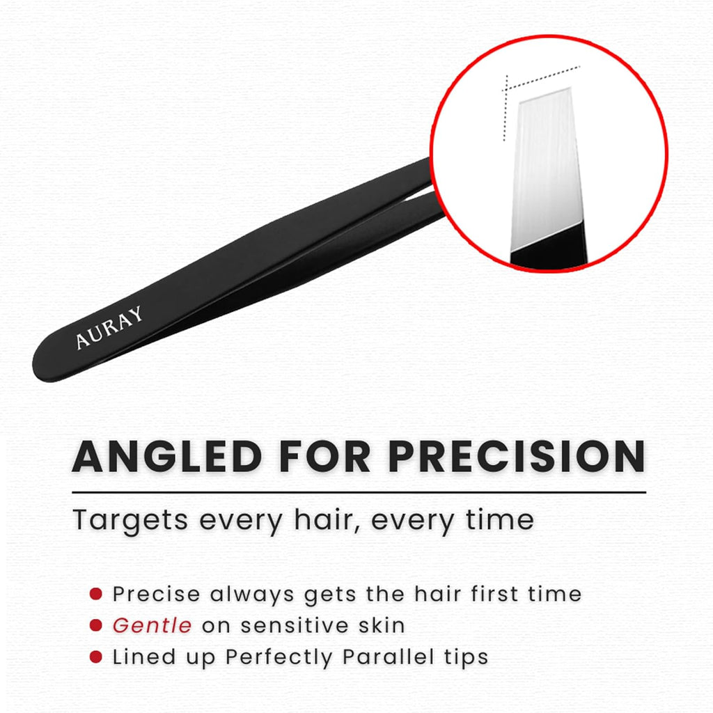 Eyebrow Tweezers Stainless Steel Facial Hair Removal Tweezers for Men & Women in Black with Slanted Tip for Easy Plucking by AURAY