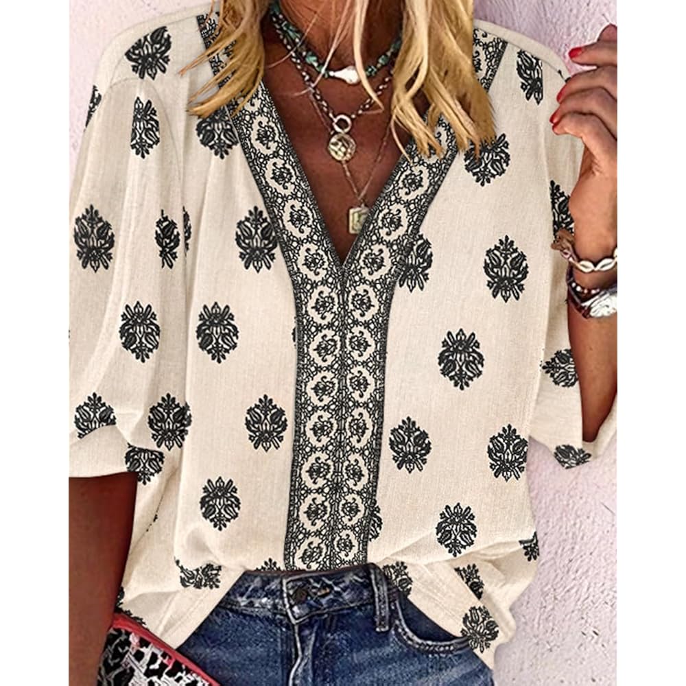 Chicme Women'S Casual V Neck Blouse Floral Boho Summer Tops Lantern Sleeve Loose Fit Tunics Flowy Vacation Clothes