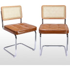 Zesthouse Natural Rattan Dining Chairs Set Of 2, Mid Century Modern Dining Room Chairs With Chrome Leg, Faux Leather Kitchen Chair With Solid Wood Back & Cane Mesh, Breuer Cesca Design Inspired, Brown