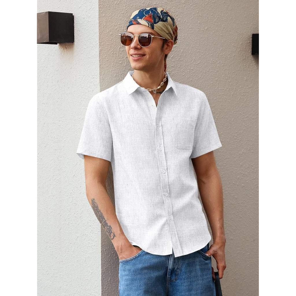 Runcati Mens Linen Button Down Shirts Casual Short Sleeve Shirt Summer Beach Wedding Tops With Pocket