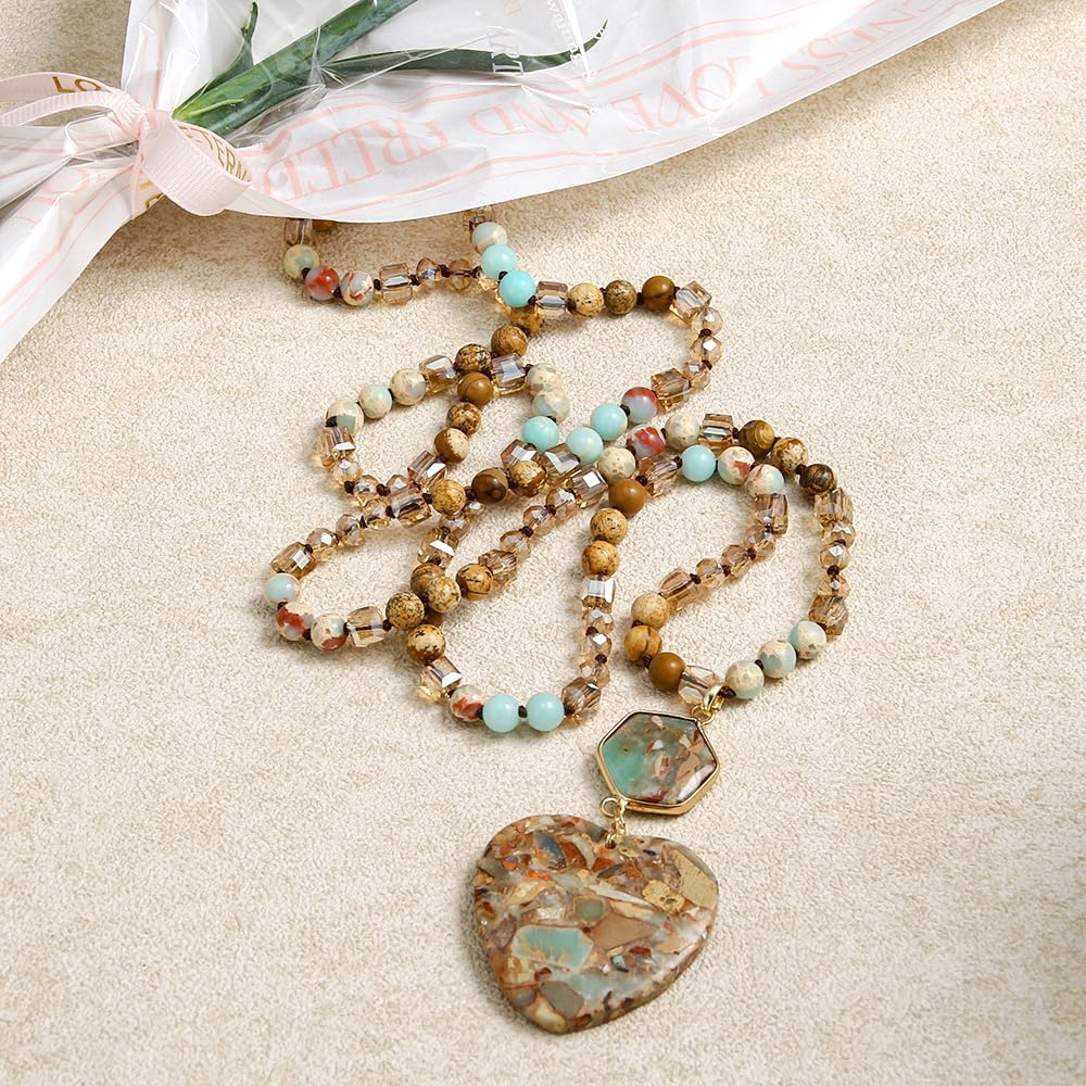 Yomisa Boho Necklaces for Women Men Long,33/34/35 Inch Natural Turquoise Tiger Eye Beaded Stone Pendant Necklaces for Women Trendy,Handmade Bohemian Western Bead Necklace Fashion Charm Jewelry Gift