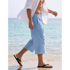 Magnivit Men'S Linen Cotton Capri Pants Loose Fit Elastic Waist Wide Leg Baggy Harem Pants
