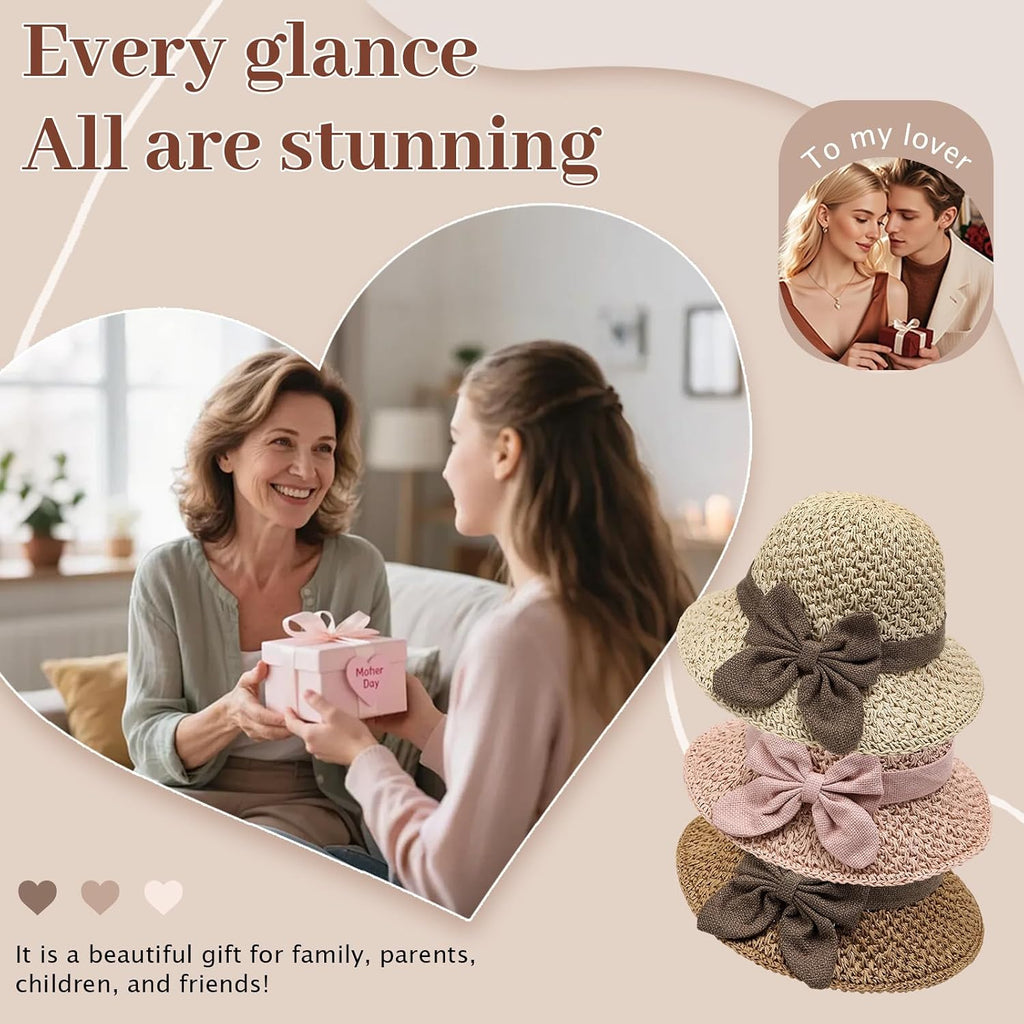 Elegant Woven Straw Sun Hat with Bow, Straw Hat with Retro Bow, Womens Straw Hat Wide Brim Bucket Foldable Breathable Beige