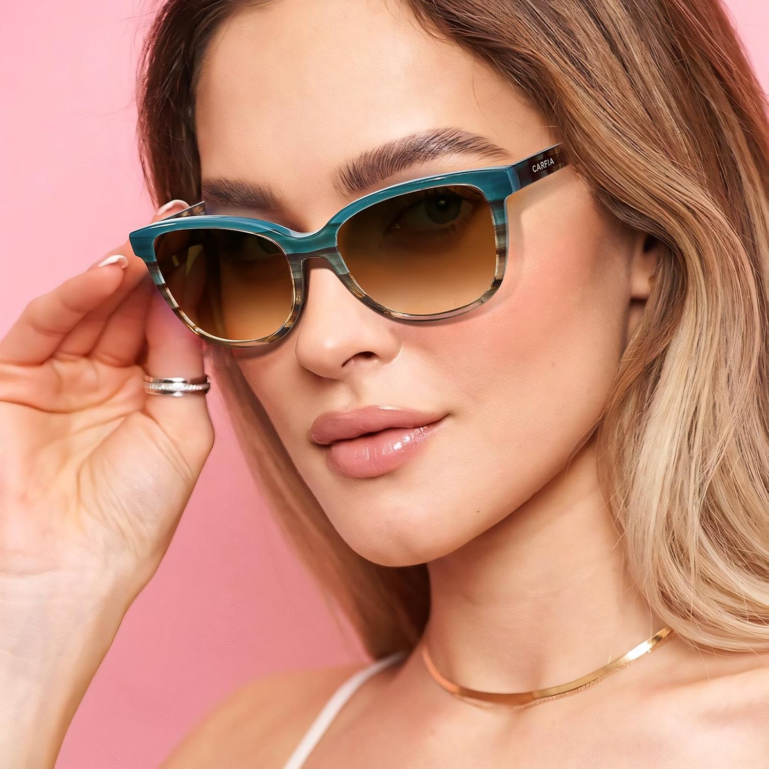 CARFIA Designer Acetate Womens Polarized Sunglasses Fit Most Face Shapes Trendy Shades UV Protection Hypoallergenic Handmade 1. Blue&brown Floral Frame Gradient Brown Lens