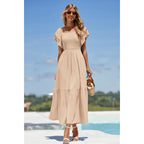 Mascomoda Womens Summer Casual Midi Dress Square Neck Ruffle Short Sleeve Smocked High Waist A Line Wedding Guest Dresses
