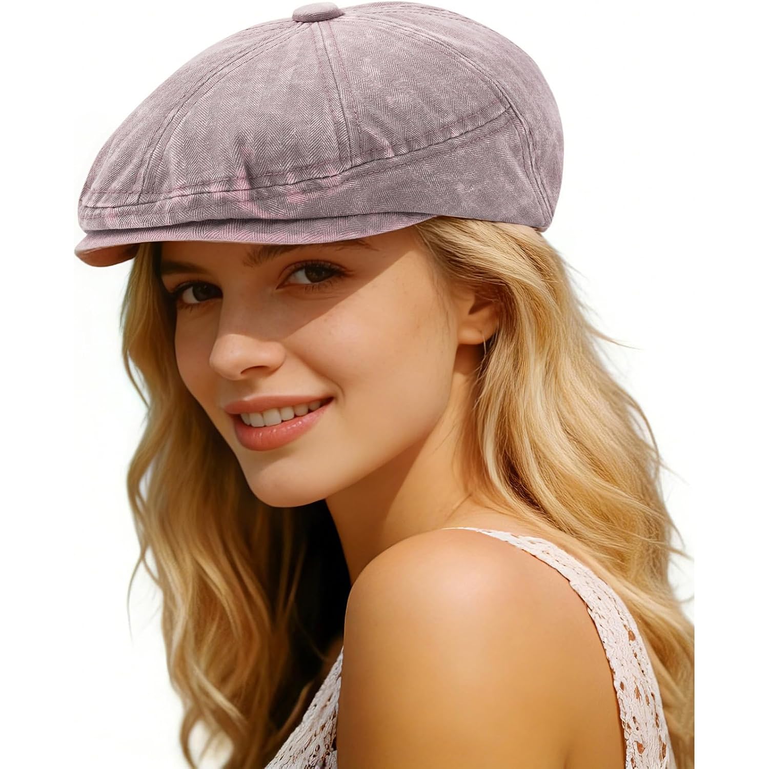 Newsboy Flat Cap for Men Women, Adjustable Washed Cotton Hat | 100% cotton, 8-panel Gatsby style, adjustable 57-60 cm fit for driving, golf, travel, and daily vintage looks. #B36-pink