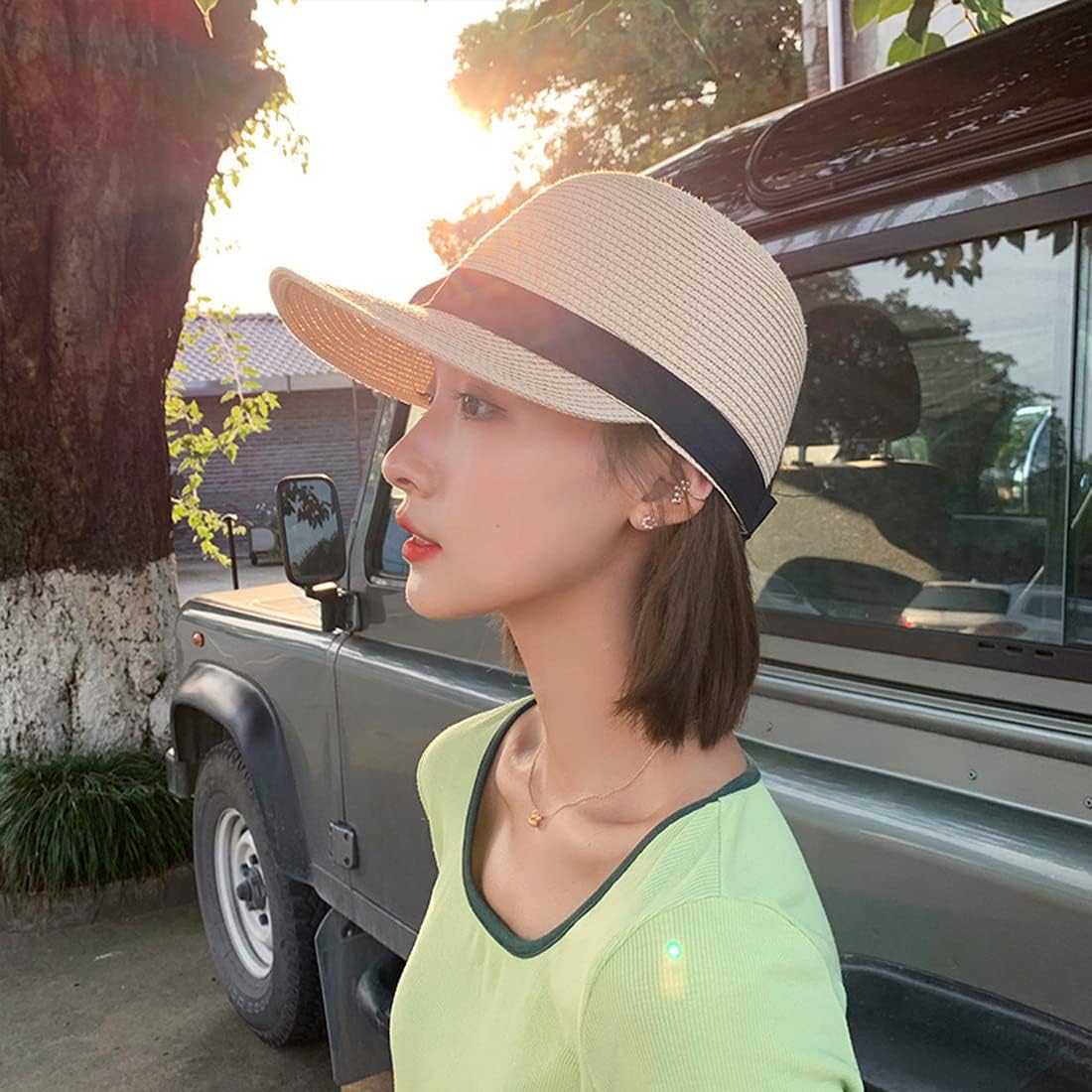 Summer Visor Hats for Women Foldable Floppy Solid Color Straw Sun Hat Travel Beach Baseball Cap Beige