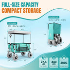 Beach Wagon With Big Balloon Wheels For Sand, 200L Extra Large Beach Cart With Canopy, 440Lbs Heavy Duty Folding Wagon Collapsible With 9" Tires & Side Pocket For Beach, Outdoor, Light Blue