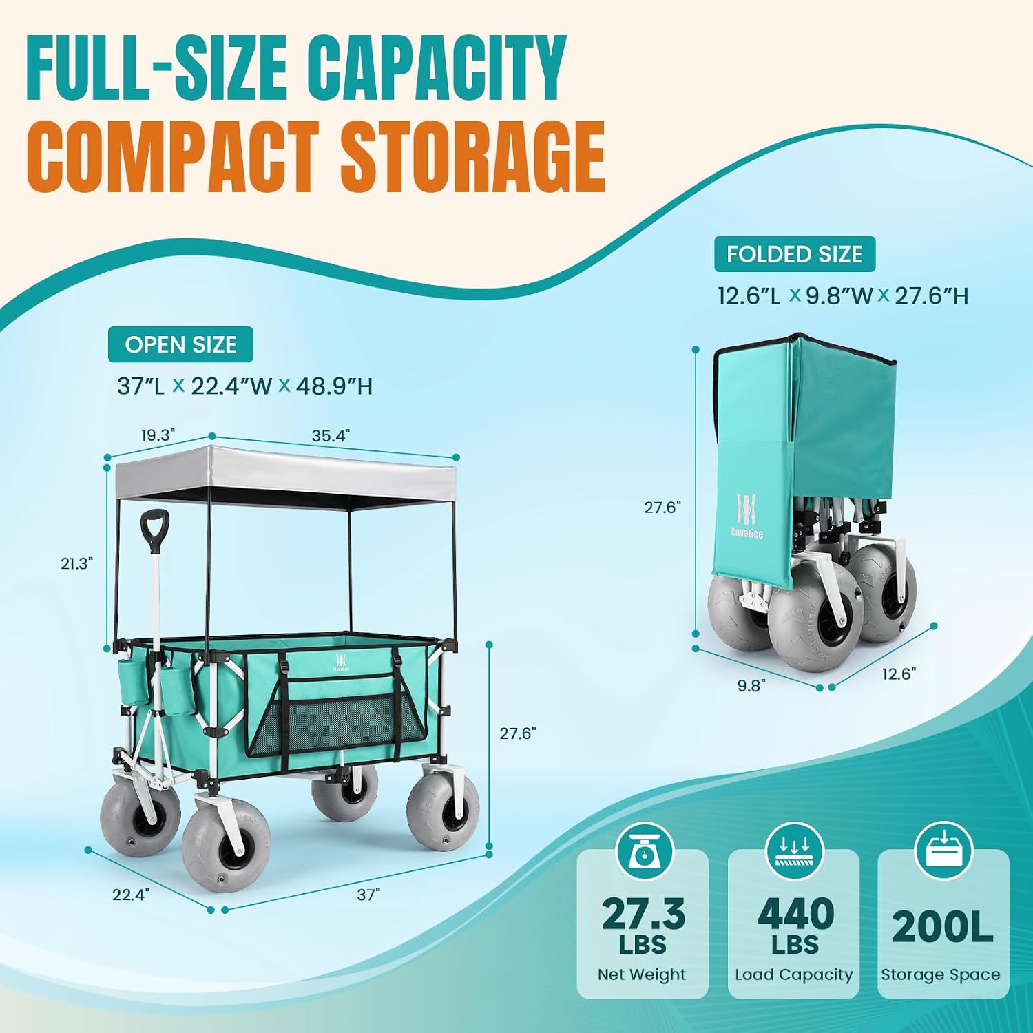 Beach Wagon With Big Balloon Wheels For Sand, 200L Extra Large Beach Cart With Canopy, 440Lbs Heavy Duty Folding Wagon Collapsible With 9" Tires & Side Pocket For Beach, Outdoor, Light Blue