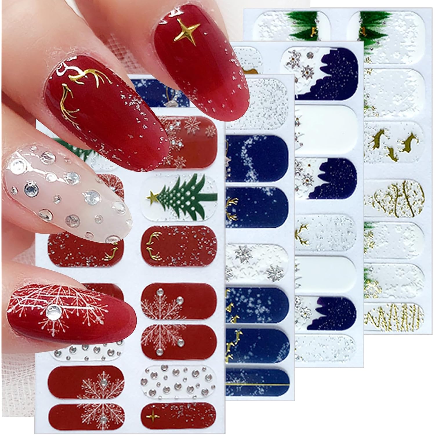 4 Sheets Christmas Gel Nail Stickers Snowflake Xmas Trees Nail Wraps Sticker with 3D Rhinestones Design Gilding Reindeer Nail Polish Strips Self-Adhesive Glitter Winter Full Wrap Nails Strip for Women