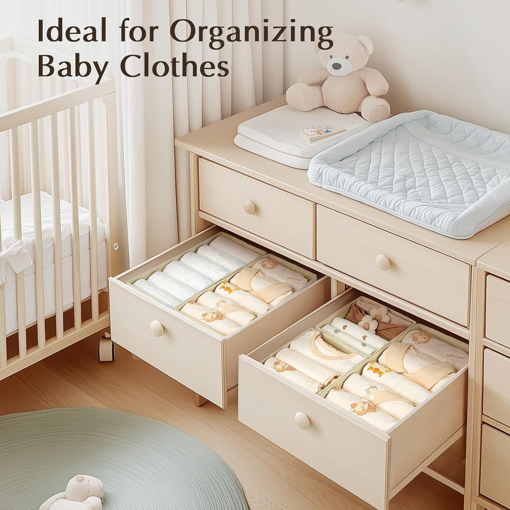 Dimj Drawer Organizers Clothes, Dresser Organizer Bins For Baby Clothes,Underwear And Sock, Fabric Closet Organization And Storage Boxs, Drawer Dividers For Nursery, Clothing, Tie - 4 Pack, Beige