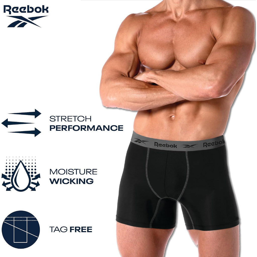 Reebok Men'S Boxer Briefs - 4 Pack 6'' Inseam Stretch Performance Underwear Quick Dry Moisture Wicking Boxers | Athletic Stretch Performance Moisture-Wicking Fabric, No Fly Pouch, Tag-Free Waistband