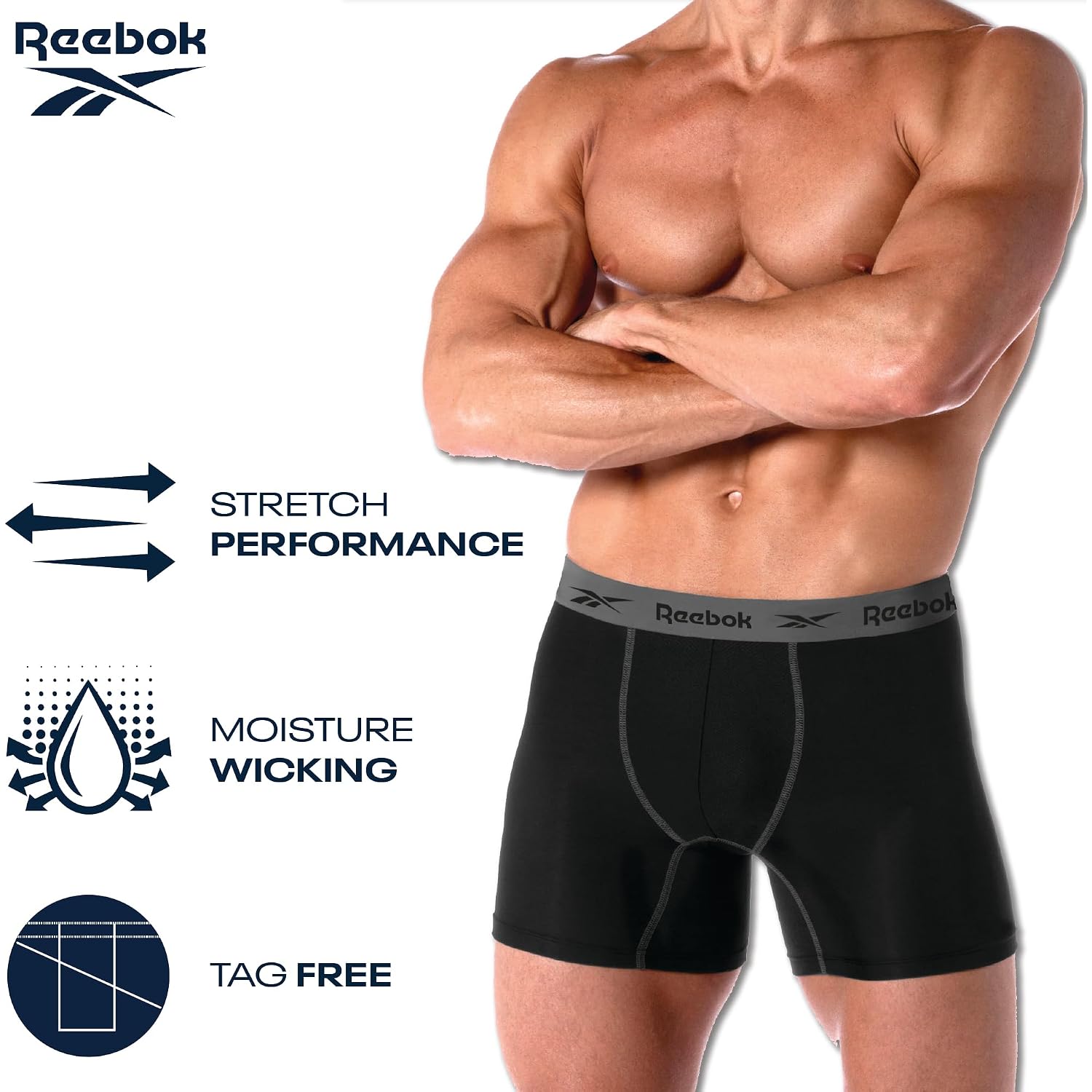 Reebok Men'S Boxer Briefs - 4 Pack 6'' Inseam Stretch Performance Underwear Quick Dry Moisture Wicking Boxers | Athletic Stretch Performance Moisture-Wicking Fabric, No Fly Pouch, Tag-Free Waistband