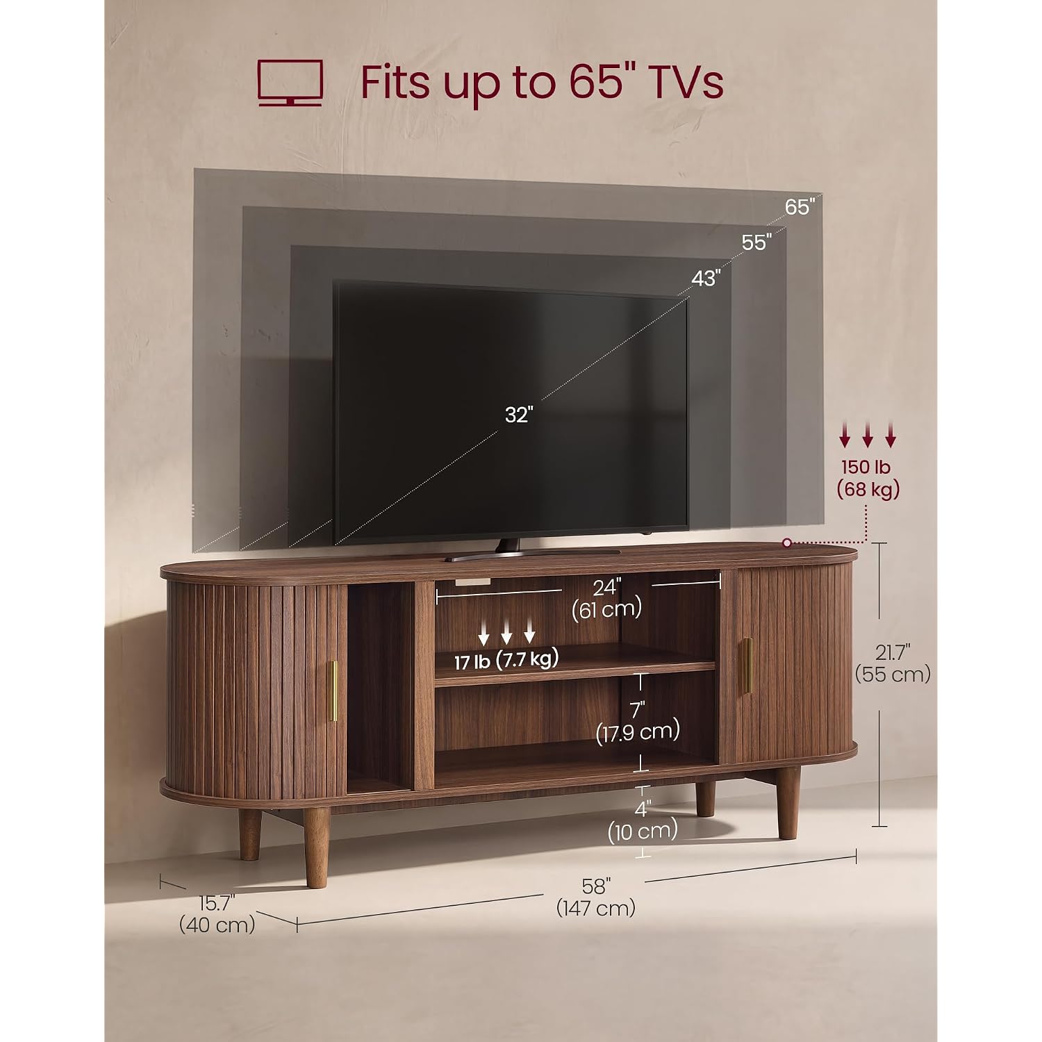 Vasagle Tv Stand For 65-Inch Tvs, Mid Century Entertainment Center With Storage, Fluted Sliding Doors, Media Console Table For Living Room, Bedroom, Chestnut Walnut Ultv633K101