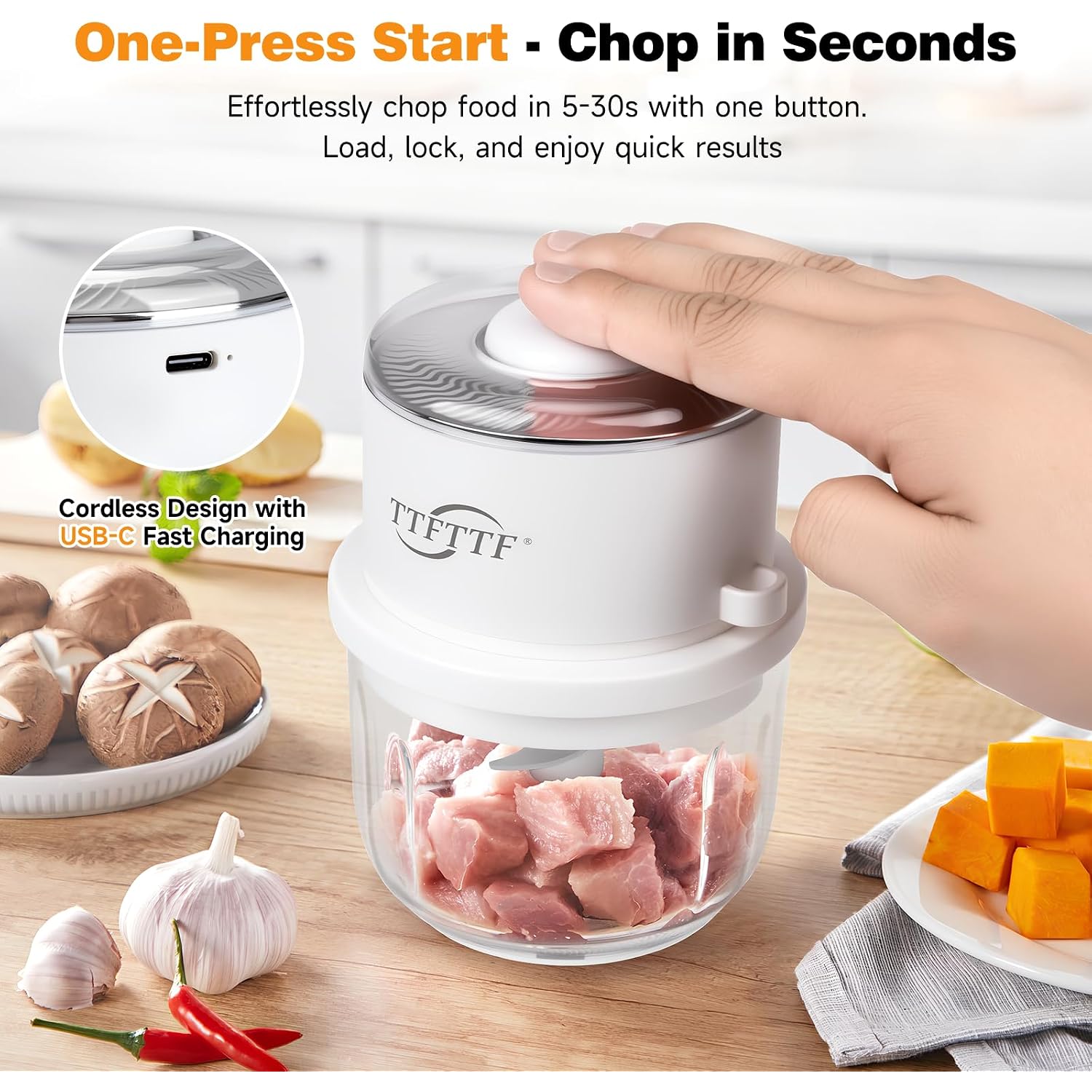 Electric Garlic Chopper, 350Ml Glass Bowl Mini Food Processor, Portable Veggie Chopper Onion Garlic Grinder, Wireless Food Processor For Ginger, Chili, Fruit, Meat, Etc