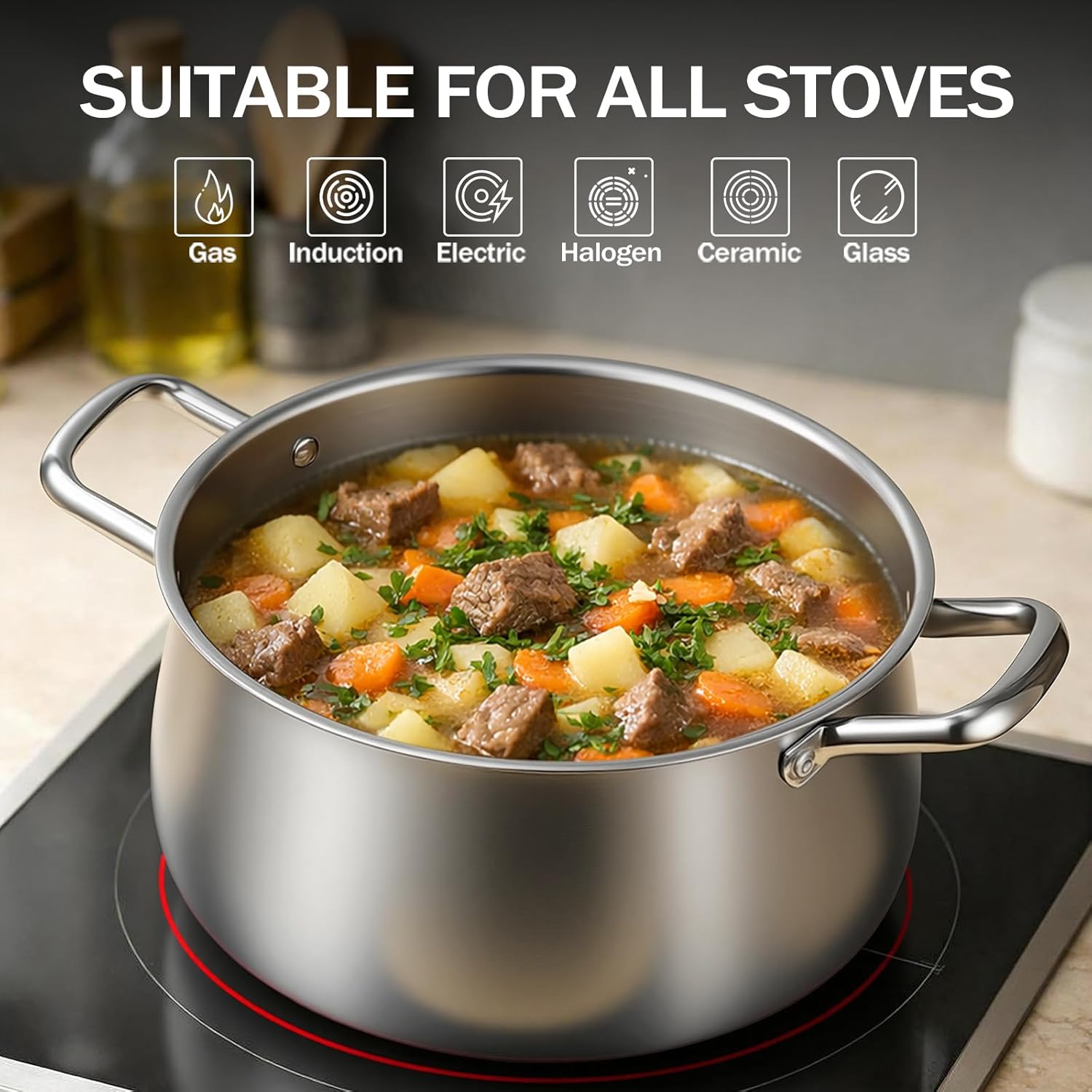 Tifanso Tri-Ply 8 Quart Stainless Steel Stock Pot - Heavy Duty Large Induction Cooking Pot with Lid for Pasta, Soup, Spaghetti, Nonstick Deep Stockpot, Kitchen Cookware for Simmer, Canning, Boiling