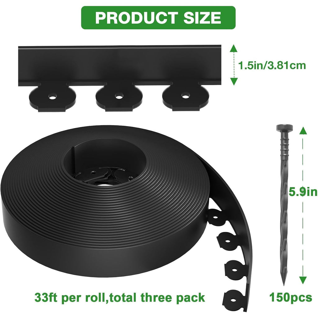 Mixc 100Ft Landscape Edging Kit With 150 Spikes, Not Digging Flexible Plastic Edge Border For Landscaping, Lawn, Garden, Flower Beds, Yard, Paver, Playground, Pathway,3Pack, 33Ft Each,1.5In High