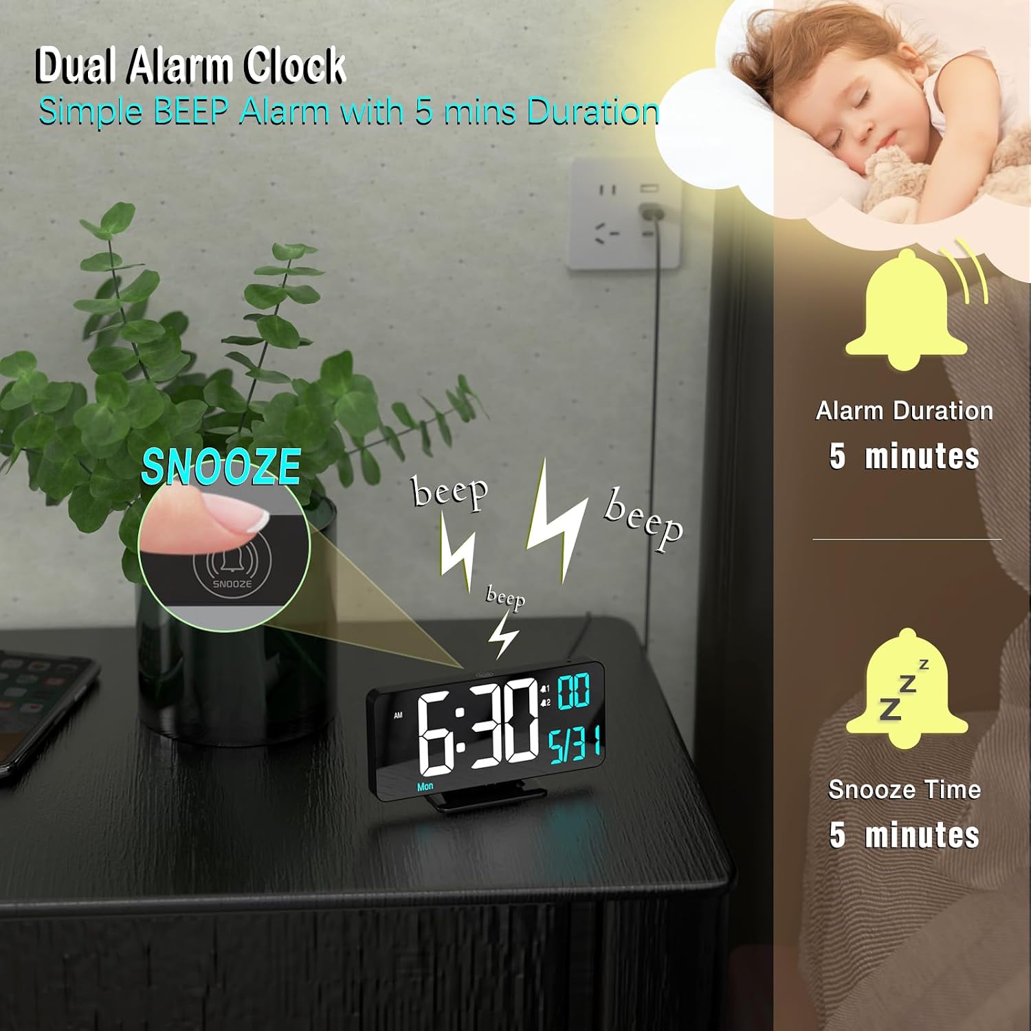 Digital Alarm Clock 6.7In Black Clock For Bedroom, Dual Alarm, Date, Seconds,Day Of Week,12/24H,Dimming, Temp, Desk Clock, Led Clock For Living Room, Calendar Digital Clock