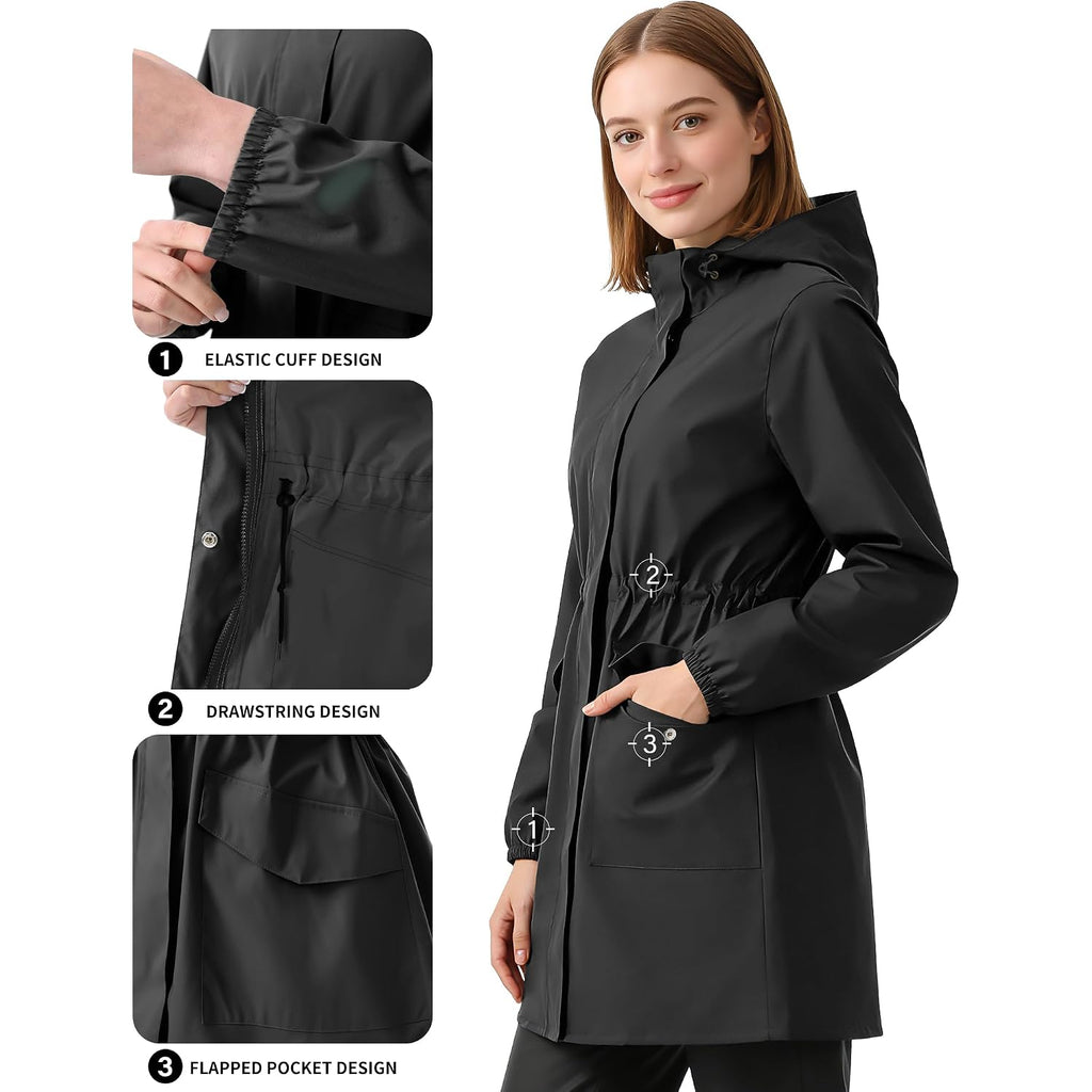 Women'S Long Rain Jacket Waterproof Lightweight Packable Raincoat Hood Windbreaker For Outdoor Hiking, Cycling, Travel