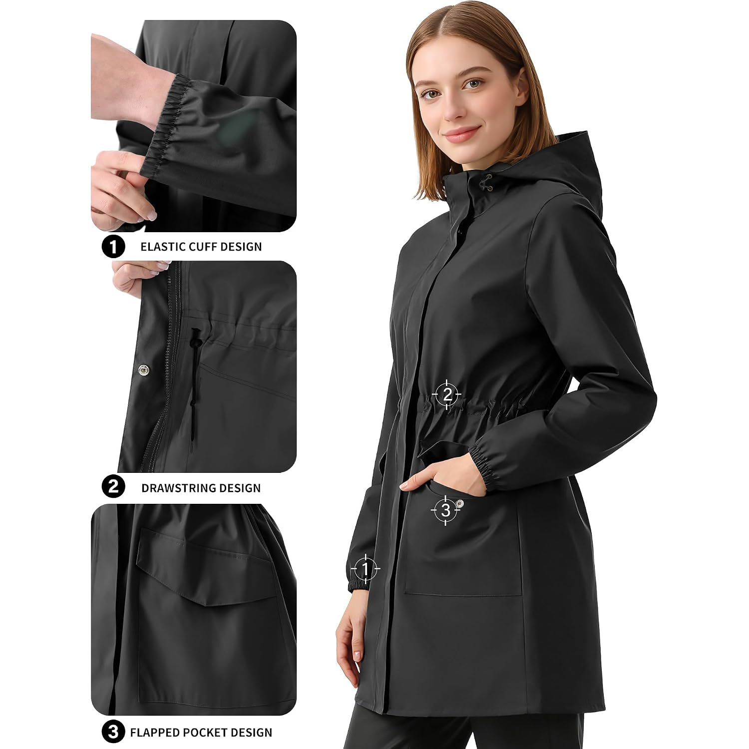 Women'S Long Rain Jacket Waterproof Lightweight Packable Raincoat Hood Windbreaker For Outdoor Hiking, Cycling, Travel
