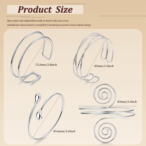 4PCS Upper Arm Cuff Bracelets for Women Gold Silver Cuff Bangle Bracelet Adjustable Upper Arm Bands Armband Set Simple Open Armlet