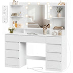 Songmics Home Vanity Desk With Mirror And Lights, Makeup Vanity Table With Power Outlets, 9 Drawers Storage Dressing Table For Bedroom, White