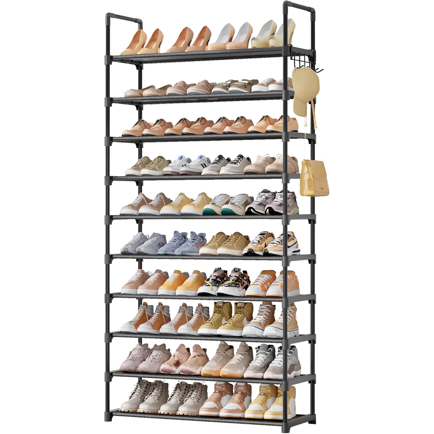 Kitsure Shoe Rack for Closet - 10-Tier Shoe Organizer with Hook Rack, Large-Capacity & Space-Saving Shoe Shelf for Entryway, Bedroom, Living Room,32.2" x 11.8" x 68.5", Black