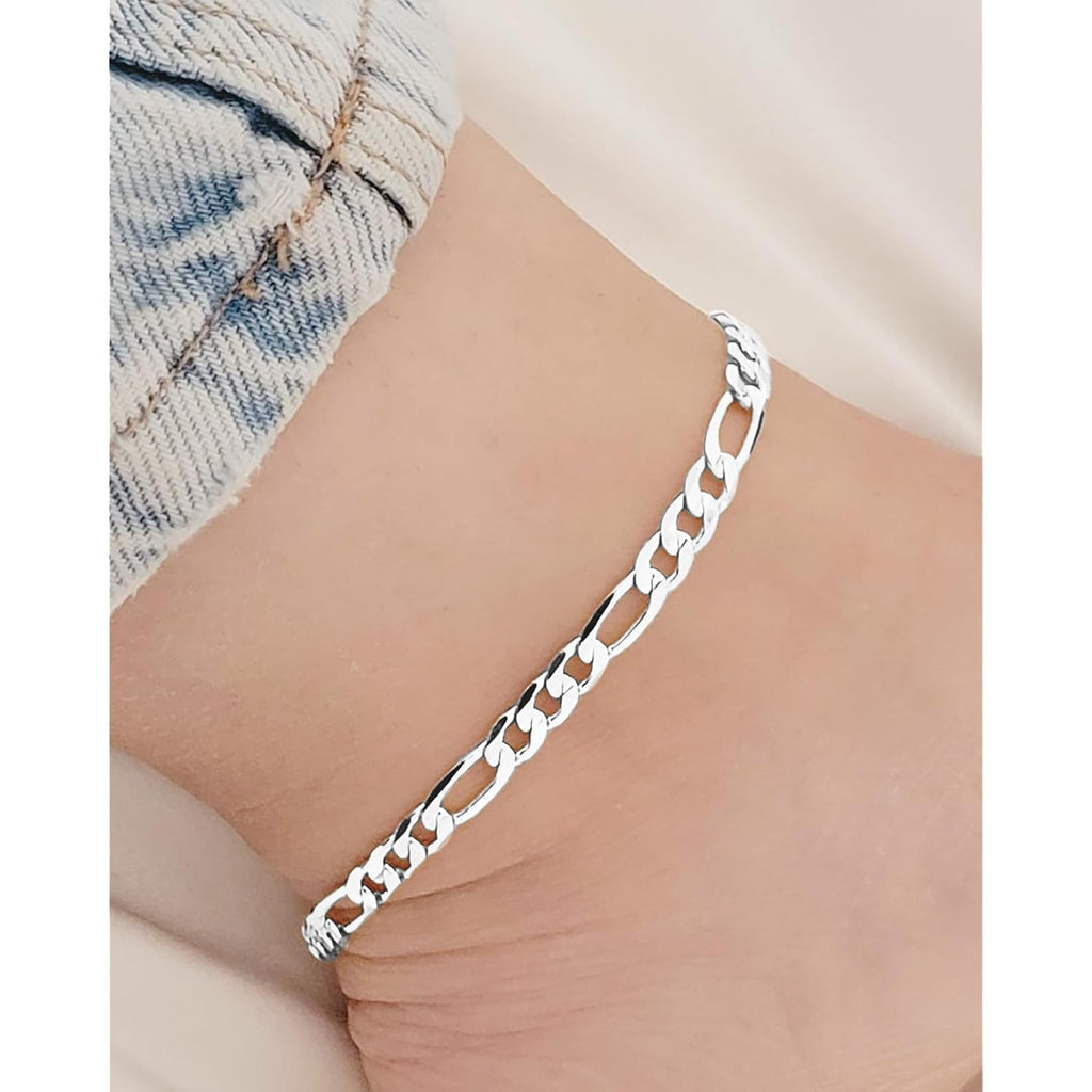 Sterling Silver Ankle Bracelets for Women Strong Lobster Clasp - Cuban Link, Figaro, Rope, Flat Mariner, Snake Herringbone, Satellite, Paperclip - Summer Beach Waterproof Silver Anklet