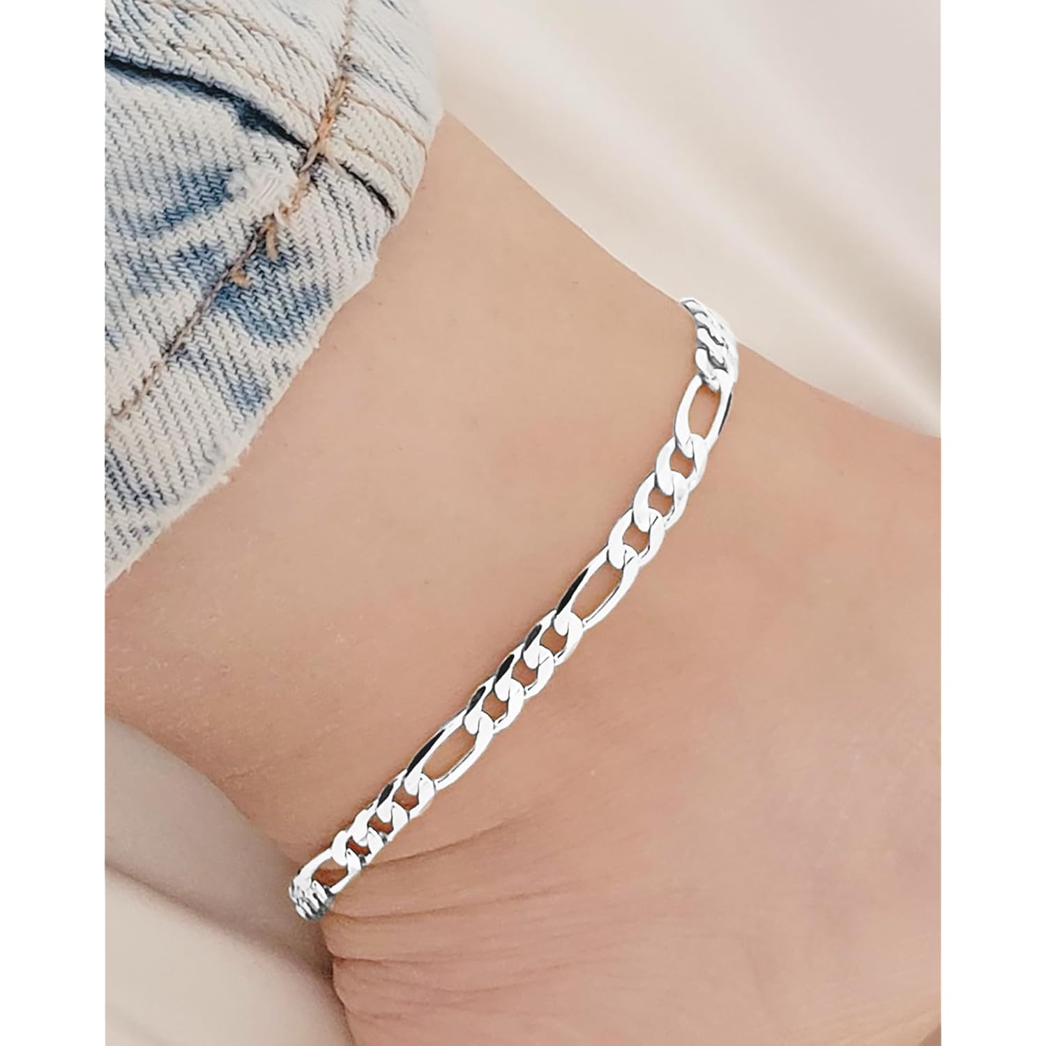 Sterling Silver Ankle Bracelets for Women Strong Lobster Clasp - Cuban Link, Figaro, Rope, Flat Mariner, Snake Herringbone, Satellite, Paperclip - Summer Beach Waterproof Silver Anklet