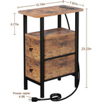 Narrow Nightstand With Charging Station, End Tables Living Room Set Of 2, Skinny Side Table With Fabric Drawers, Slim Sofa Table For Bedroom, Small Spaces, Couch, Rustic Brown, Hetndp02Pbr