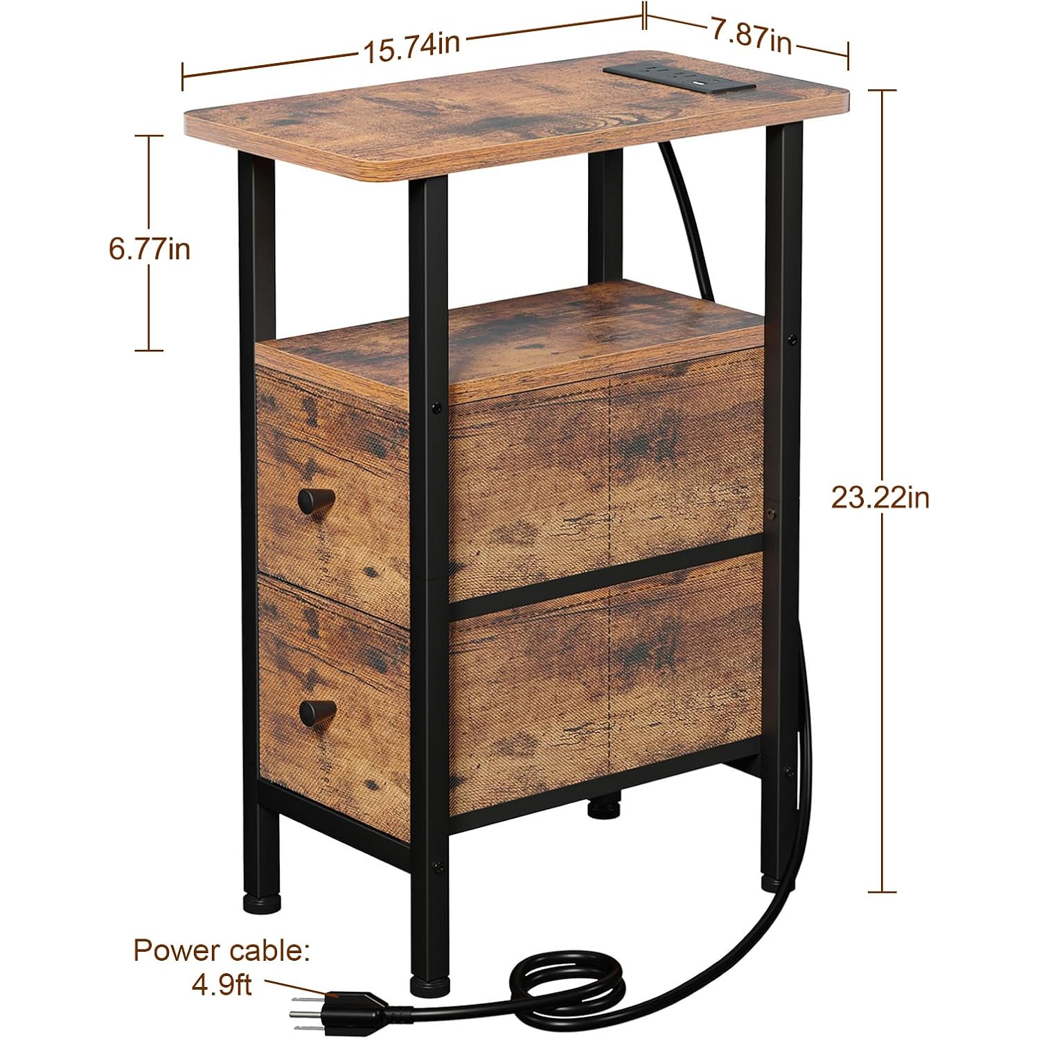 Narrow Nightstand With Charging Station, End Tables Living Room Set Of 2, Skinny Side Table With Fabric Drawers, Slim Sofa Table For Bedroom, Small Spaces, Couch, Rustic Brown, Hetndp02Pbr