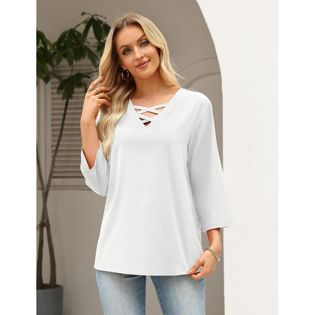 Rapbin Womens 3/4 Sleeve Tops Cotton Linen Shirts V Neck Criss Cross Tees Loose Fit Blouses Summer Fashion