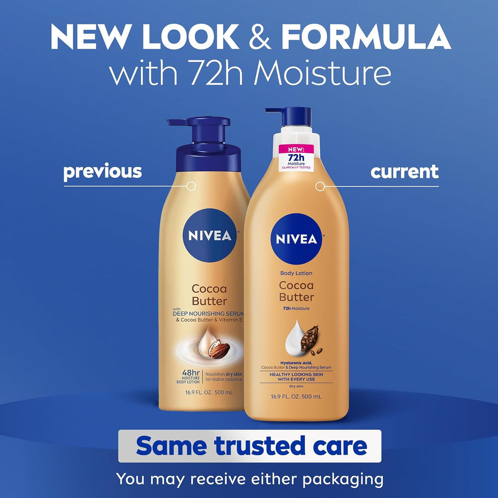 Nivea Cocoa Butter Body Lotion For Dry Skin With Hyaluronic Acid, Cocoa Butter And Deep Nourishing Serum, 72-Hour Body Moisturizer, 16.9 Fl Oz Pump Bottle