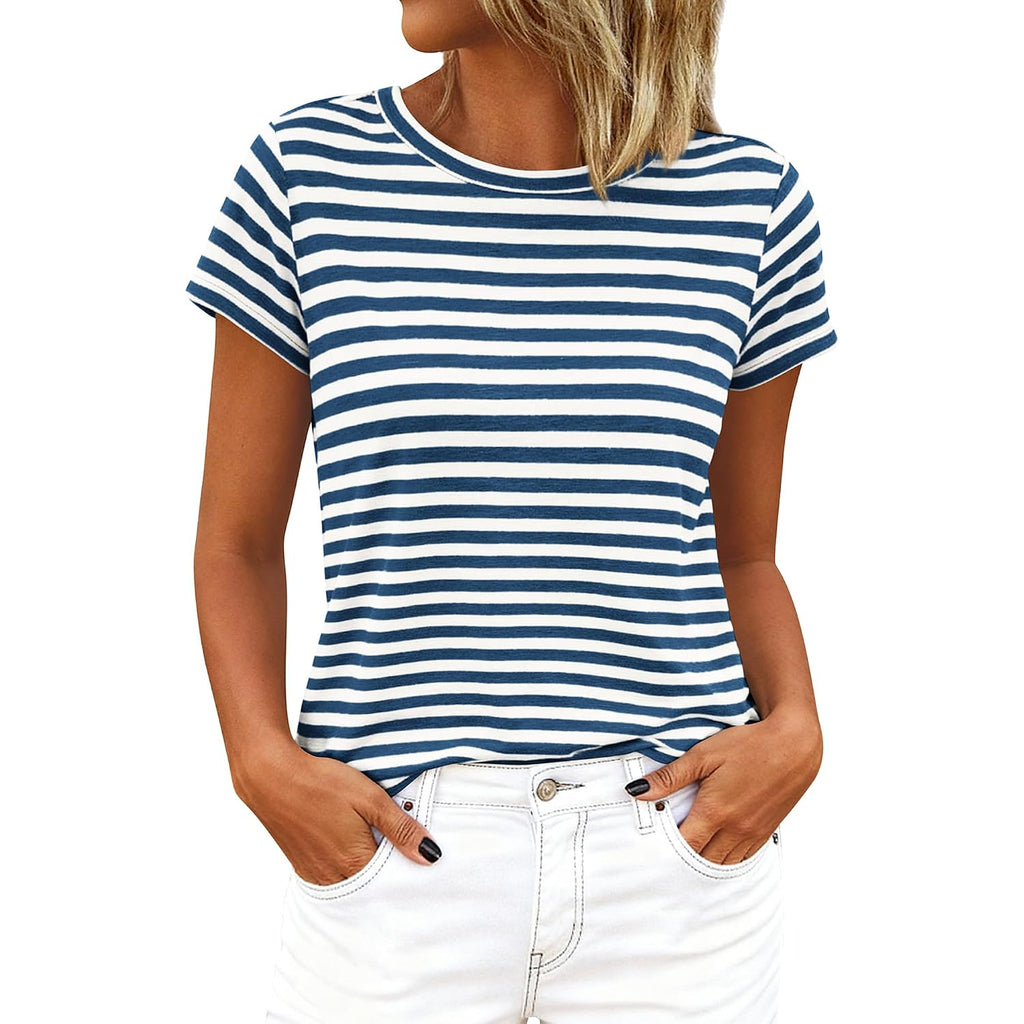 Btfbm Tops For Women Trendy Summer 2026 Crew Neck Short Sleeve T Shirts Striped Casual Vacation Blouse Basic Tee