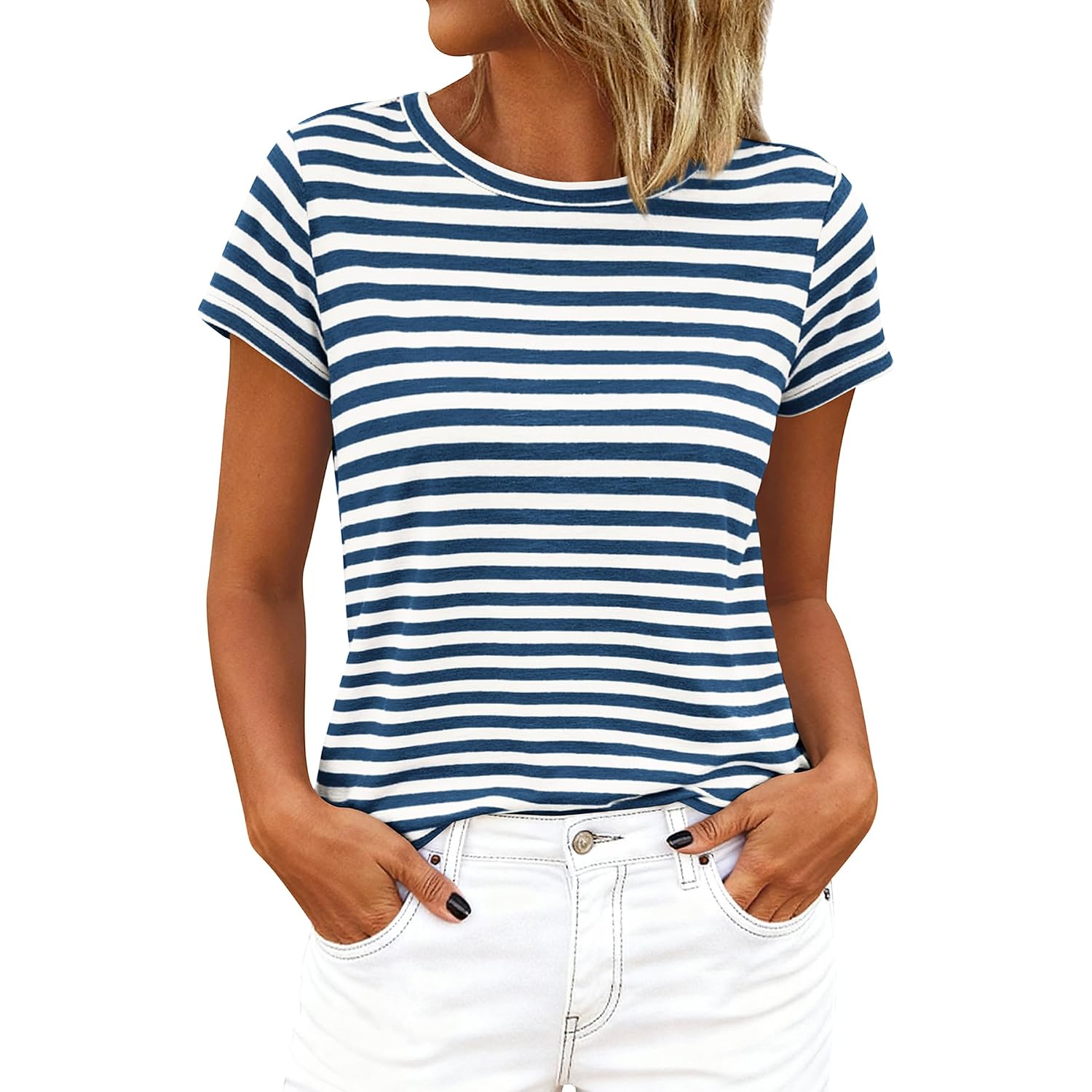 Btfbm Tops For Women Trendy Summer 2026 Crew Neck Short Sleeve T Shirts Striped Casual Vacation Blouse Basic Tee
