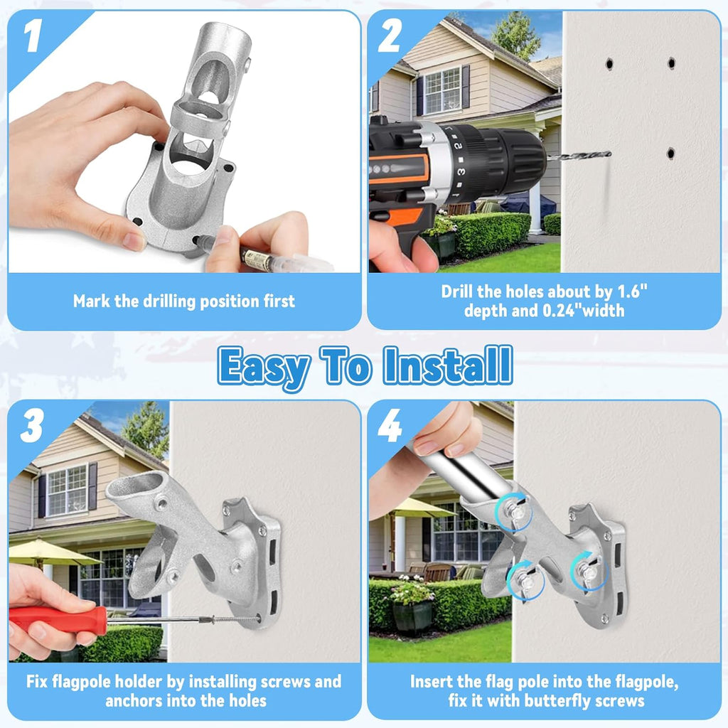 1" Flag Pole Holder For Outside House, Reeron 2-Positions Metal Flagpole Bracket Mounts, Aluminium Rustproof Flag Pole Wall Porch Mounting Brackets With 3 Fixed Holes & Steel Hardwares (Silver-1 Pack)