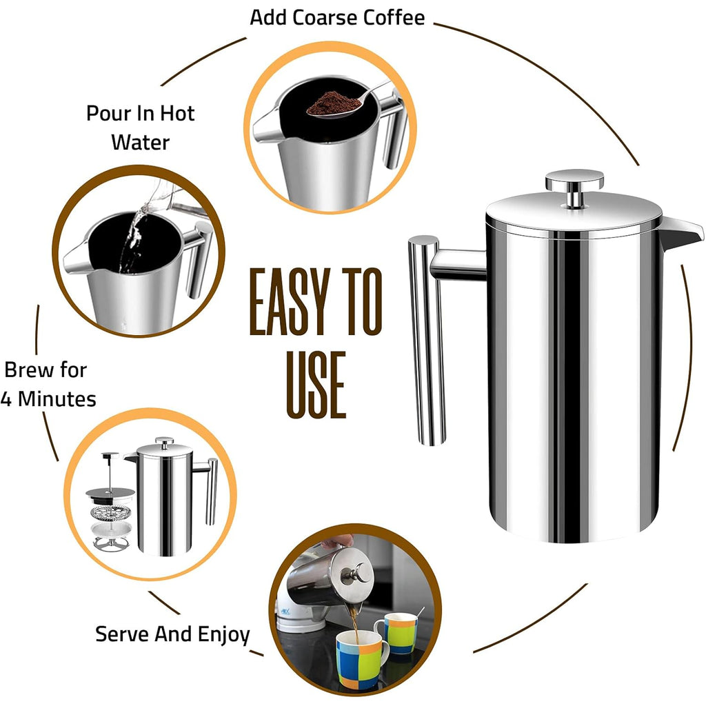 Utopia Kitchen 304 Grade Stainless Steel French Press Coffee Maker 34 Oz, Double Wall Insulated Coffee Press with 4-Level Filtration System, Include 2 Extra Filters, Rust-Free, Dishwasher Safe, Silver