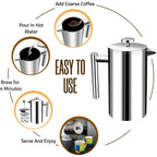 Utopia Kitchen 304 Grade Stainless Steel French Press Coffee Maker 34 Oz, Double Wall Insulated Coffee Press with 4-Level Filtration System, Include 2 Extra Filters, Rust-Free, Dishwasher Safe, Silver