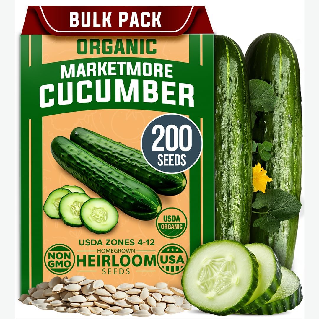 Home Grown Organic Marketmore Cucumber Seeds 200+ Heirloom Non-Gmo Seeds For Planting, High Germination, Hardy & Vigorous Slicing Cucumber, Trellis & Raised Bed Garden (Cucumis Sativus)