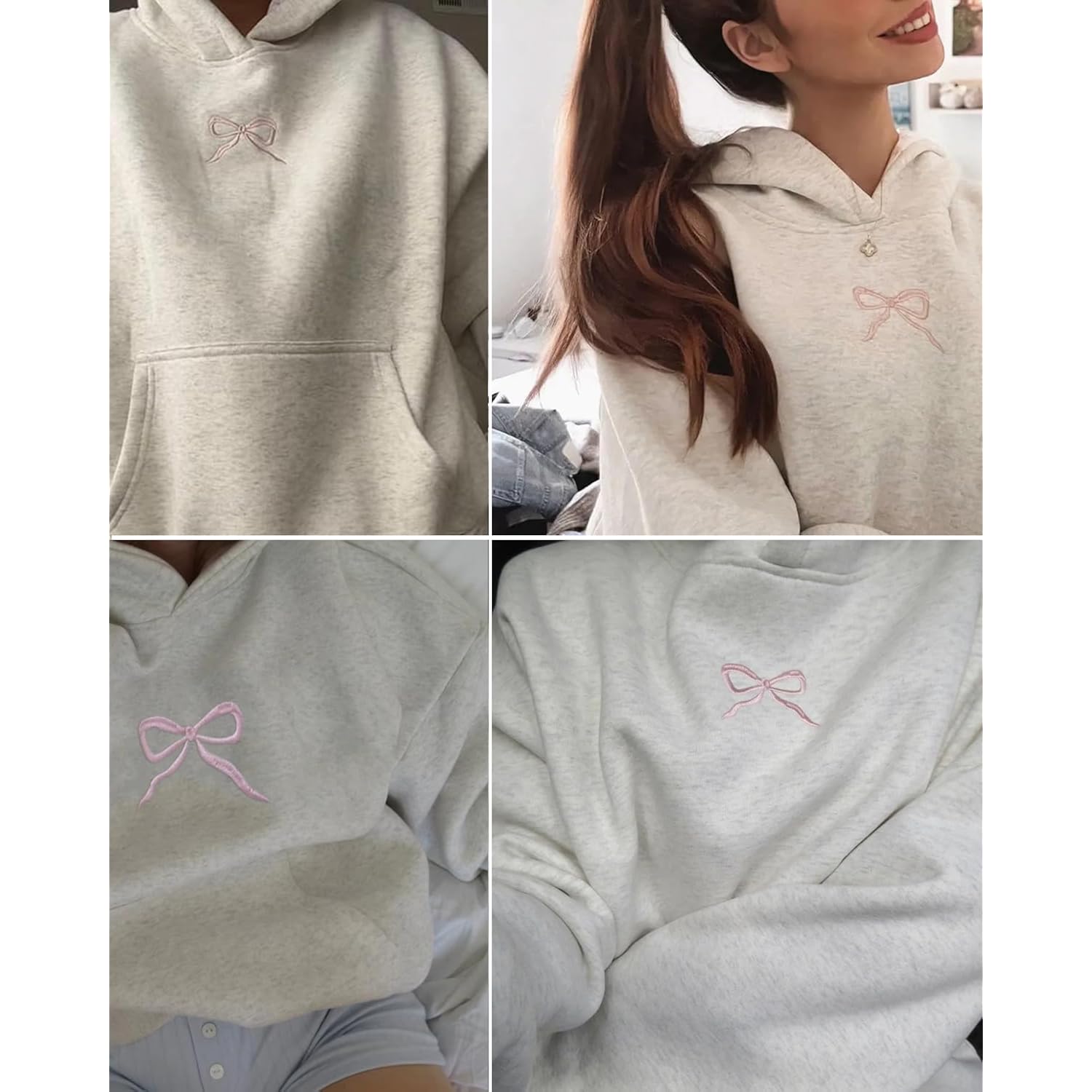 Women Bow Embroidery Hoodie Teen Girls Cute Graphic Hooded Loose Preppy Y2K Long Sleeve Pullover Hoodie Tops