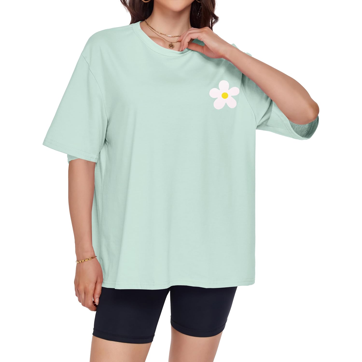 ADOREJOY Oversized Tshirts for Women Crewneck Summer Graphic Tees Short Sleeve Loose Basic Tops 2026 C Light Green Flower