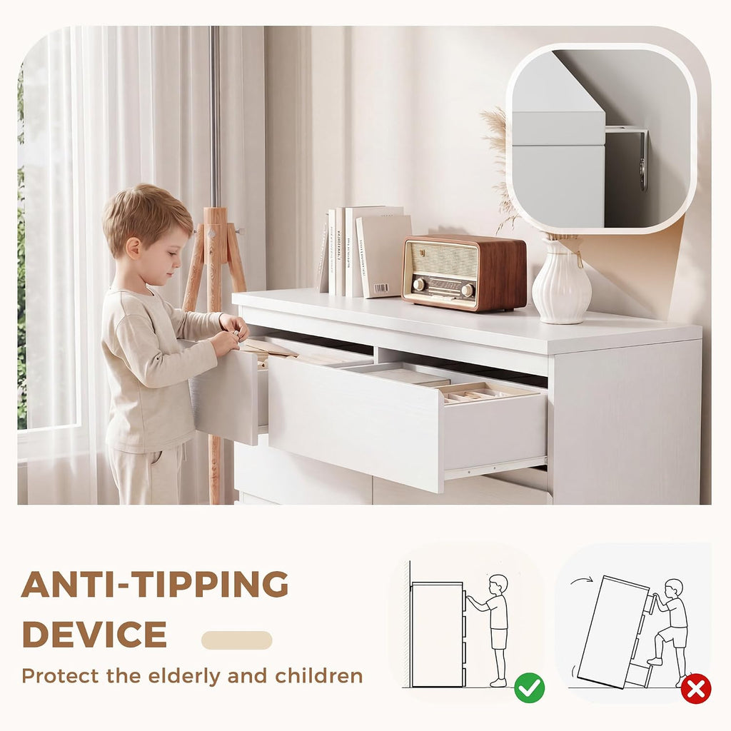 6 Drawer Double Dresser For Bedroom, Modern Simply Chest Of Drawers, Wood Storage Dresser With Anti-Tipping For Living Room Hallway Entryway, Nursy White (15.3" D X 47.2" W X 32.3" H)
