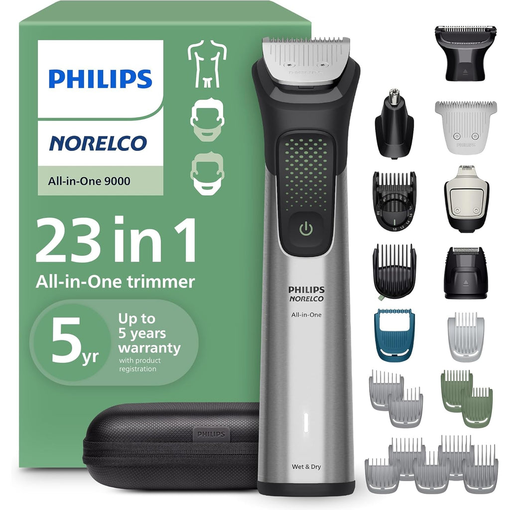 Norelco Philips All-in-One 9000 Series 23-Piece Trimmer - Electric Shaver and Clipper for Face, Beard, Head & Body, Self-Sharpening Full Metal Blades, 29 Length Settings (0.5-16 mm), MG9575/49