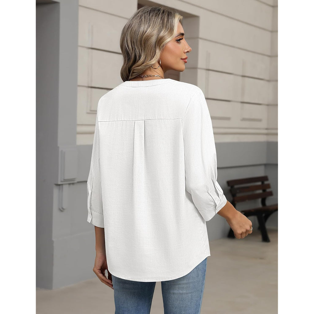 Zeagoo Button Down Shirts For Women 3/4 Sleeve Linen Cotton V Neck Tops Dressy Casual Loose Work Blouses