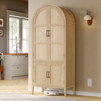71" Tall Wooden Arched Cabinet, 5-Tier Arched Kitchen Pantry Cabinet With Doors & Shelves, Farmhouse Kitchen Arch Cabinets With Adjustable Feet, Wooden Pantry Storage For Dining Room(Oak)