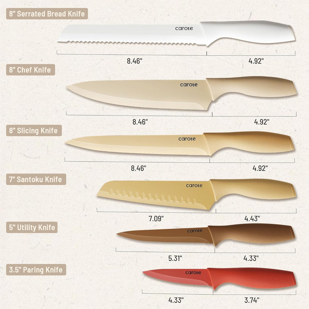 CAROTE Knife Set, 12 Pieces Kitchen Knife Set, 6 Stainless Steel Knives with Blade Guards & Nonstick Ceramic Coating, Rustproof, Color-Coded, Ergonomic Handles